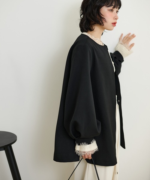 LAULEN（ローレン）の「collarless belted medium coat /ノーカラーベルト付きミディアムコート（ノーカラーコート・レディース・ベージュ/ブラック・FREE）」の8枚目の写真