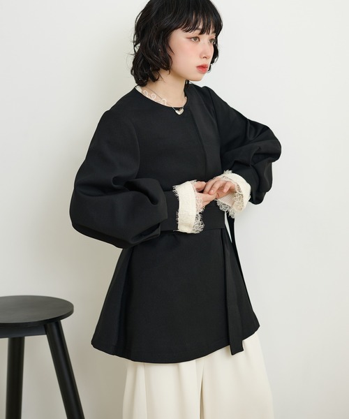 LAULEN（ローレン）の「collarless belted medium coat /ノーカラーベルト付きミディアムコート（ノーカラーコート・レディース・ベージュ/ブラック・FREE）」の19枚目の写真