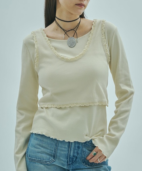 ROSE BUD(ローズバッド)の「(mag.by c)LAYERED RIB TOP(Tシャツ/カットソー・レディース・ホワイト/ブラウン・ONE SIZE)」の1枚目の写真