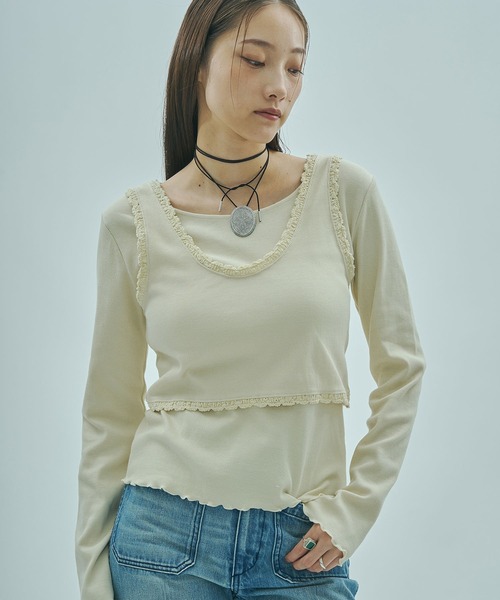 ROSE BUD(ローズバッド)の「(mag.by c)LAYERED RIB TOP(Tシャツ/カットソー・レディース・ホワイト/ブラウン・ONE SIZE)」の3枚目の写真