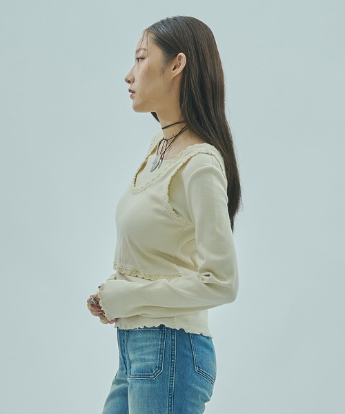 ROSE BUD(ローズバッド)の「(mag.by c)LAYERED RIB TOP(Tシャツ/カットソー・レディース・ホワイト/ブラウン・ONE SIZE)」の4枚目の写真