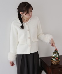 ファー袖パールビジューニットジャケット