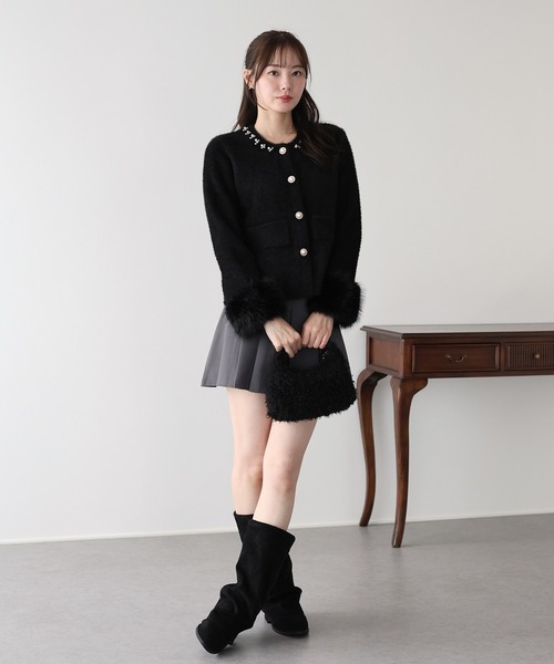 ファー袖パールビジューニットジャケット（ノーカラージャケット