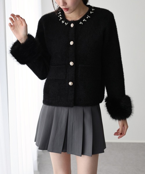 ファー袖パールビジューニットジャケット（ノーカラージャケット
