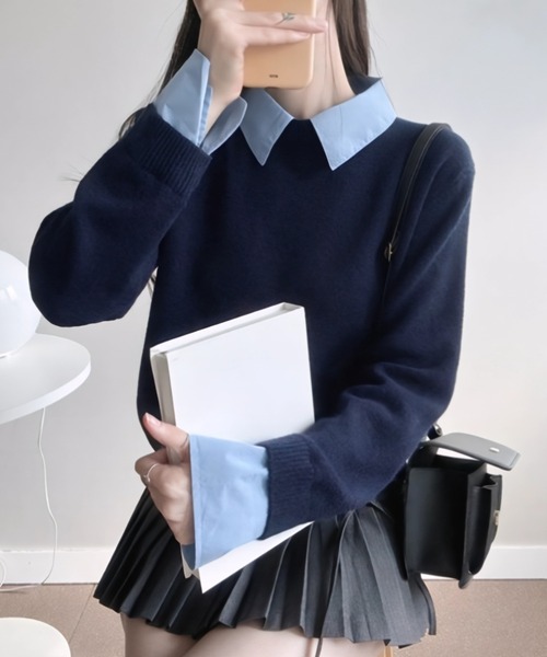 yuue' ( wear )(ユーイ)の「シャツレイヤードニットトップス(ニット/セーター・レディース・グレー/ネイビー/ブラック・FREE)」の1枚目の写真