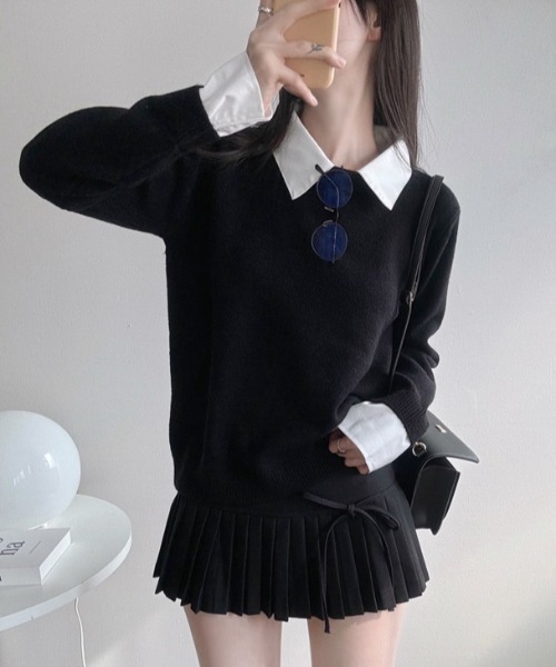 yuue' ( wear )(ユーイ)の「シャツレイヤードニットトップス(ニット/セーター・レディース・グレー/ネイビー/ブラック・FREE)」の7枚目の写真