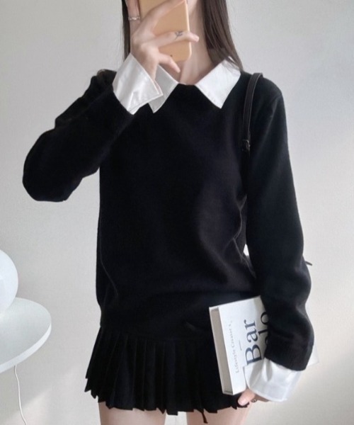 yuue' ( wear )(ユーイ)の「シャツレイヤードニットトップス(ニット/セーター・レディース・グレー/ネイビー/ブラック・FREE)」の10枚目の写真