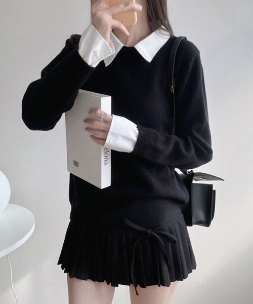 yuue' ( wear )(ユーイ)の「シャツレイヤードニットトップス(ニット/セーター・レディース・グレー/ネイビー/ブラック・FREE)」の5枚目の写真