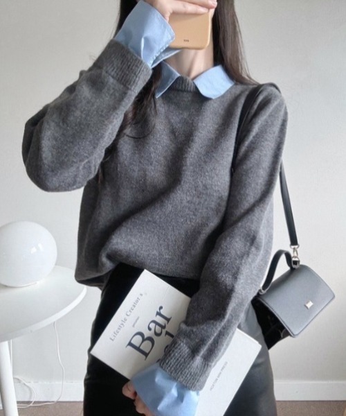 yuue' ( wear )(ユーイ)の「シャツレイヤードニットトップス(ニット/セーター・レディース・グレー/ネイビー/ブラック・FREE)」の12枚目の写真