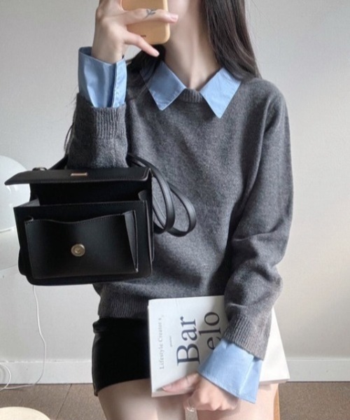 yuue' ( wear )(ユーイ)の「シャツレイヤードニットトップス(ニット/セーター・レディース・グレー/ネイビー/ブラック・FREE)」の11枚目の写真