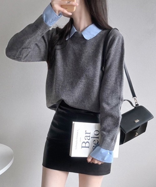 yuue' ( wear )(ユーイ)の「シャツレイヤードニットトップス(ニット/セーター・レディース・グレー/ネイビー/ブラック・FREE)」の13枚目の写真