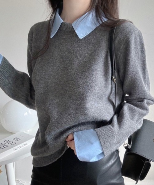 yuue' ( wear )(ユーイ)の「シャツレイヤードニットトップス(ニット/セーター・レディース・グレー/ネイビー/ブラック・FREE)」の14枚目の写真