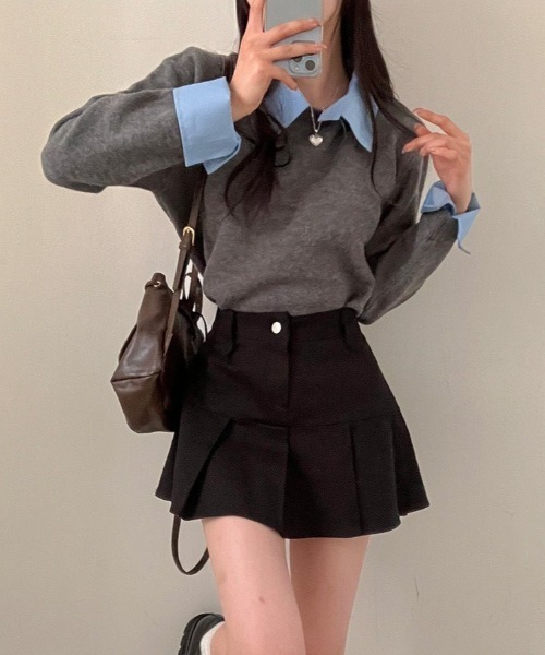 yuue' ( wear )(ユーイ)の「シャツレイヤードニットトップス(ニット/セーター・レディース・グレー/ネイビー/ブラック・FREE)」の17枚目の写真