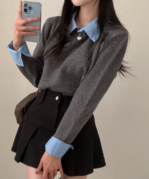 yuue' ( wear )(ユーイ)の「シャツレイヤードニットトップス(ニット/セーター・レディース・グレー/ネイビー/ブラック・FREE)」の18枚目の写真