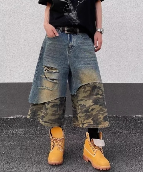セール】【26年春夏新作】迷彩フェイクレイヤード切り替え七分丈ハーフ
