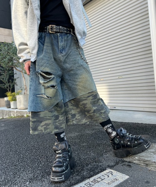 セール】【26年春夏新作】迷彩フェイクレイヤード切り替え七分丈ハーフ