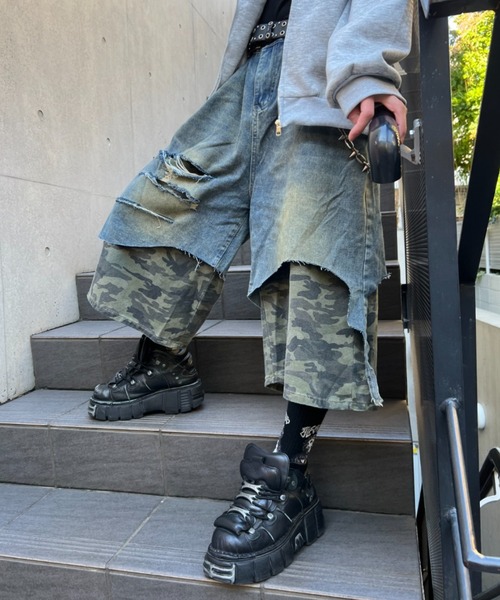 セール】【26年春夏新作】迷彩フェイクレイヤード切り替え七分丈ハーフ