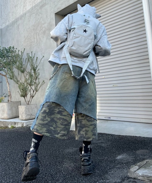 lilful(リルフル)の「【26年春夏新作】迷彩フェイクレイヤード切り替え七分丈ハーフワイドデニムパンツ(デニムパンツ・メンズ・カーキ・M/L)」の12枚目の写真