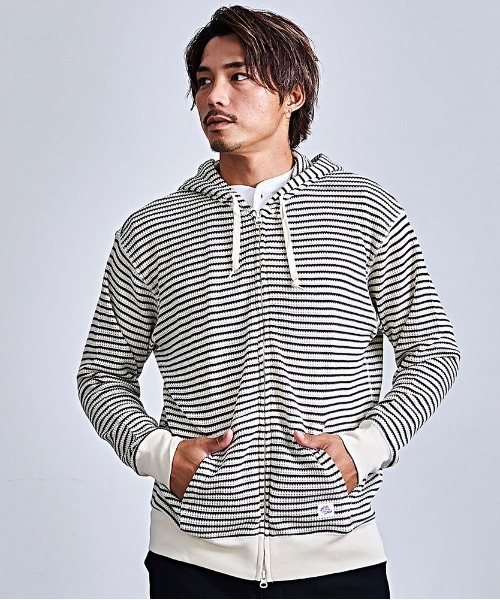 JEMORGAN(ジェーイーモーガン)の「『JEMORGAN LONG JOHNS/ジェーイーモーガンロングジョーンズ』CVCワッフルフルボーダーZIPパーカー【+】(パーカー・メンズ・ネイビー/ナチュラル・XL/L/M)」の2枚目の写真