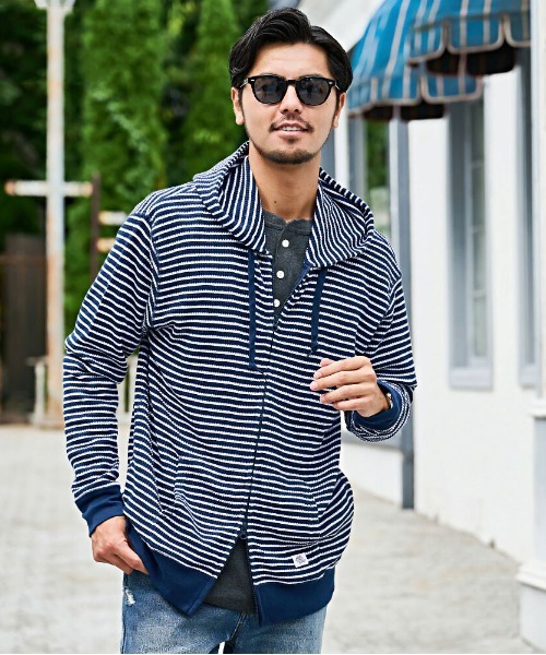 JEMORGAN(ジェーイーモーガン)の「『JEMORGAN LONG JOHNS/ジェーイーモーガンロングジョーンズ』CVCワッフルフルボーダーZIPパーカー【+】(パーカー・メンズ・ネイビー/ナチュラル・XL/L/M)」の1枚目の写真