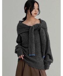 モヘアタッチ肩掛けレイヤード風ワンショルダーニットトップス