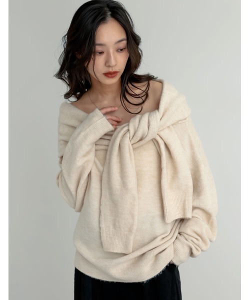 Re:EDIT(リエディ)の「モヘアタッチ肩掛けレイヤード風ワンショルダーニットトップス(ニット/セーター・レディース・アイボリー/ブラック/ブラウン/チャコールグレー・MEDIUM/LARGE)」の13枚目の写真