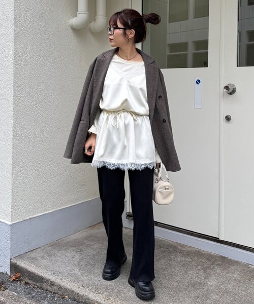 CIAOPANIC TYPY（チャオパニックティピー）の「サテンレースウエストドロストキャミチュニック（チュニック・レディース・ブラック/サックスブルー/オフホワイト・ONE SIZE）」の12枚目の写真