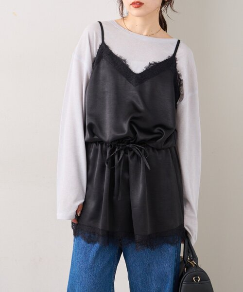 CIAOPANIC TYPY（チャオパニックティピー）の「サテンレースウエストドロストキャミチュニック（チュニック・レディース・ブラック/サックスブルー/オフホワイト・ONE SIZE）」の21枚目の写真