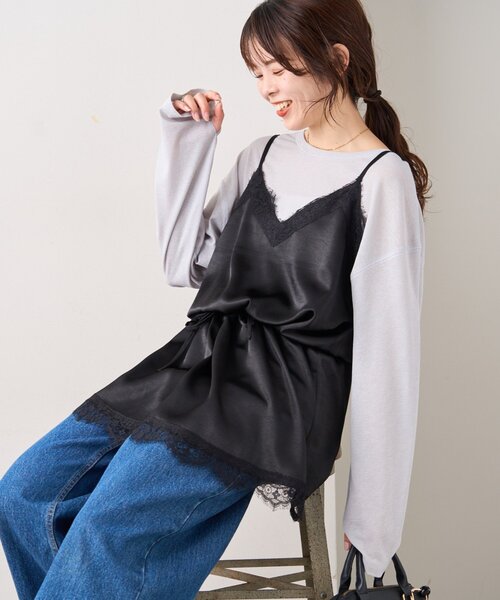 美品✨2021年 ヨーコチャン フレアカットソー チュニック サテン Tシャツ セール】サテンレースウエストドロストキャミチュニック（チュニック