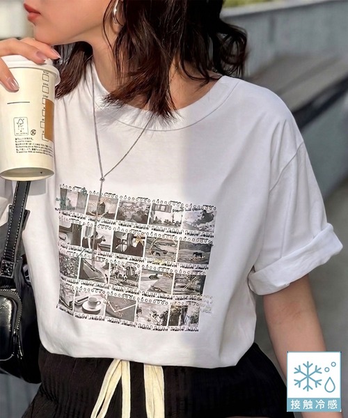 classicalelf(クラシカルエルフ)の「【接触冷感機能付き】ただのTシャツじゃ、終わらない。フィルムネガフォトプリント×ラクガキ刺繍Tシャツ(半袖)(Tシャツ/カットソー・レディース・チャコール/ブラック/オフホワイト・LARGE/MEDIUM/SMALL/X-LARGE)」の2枚目の写真