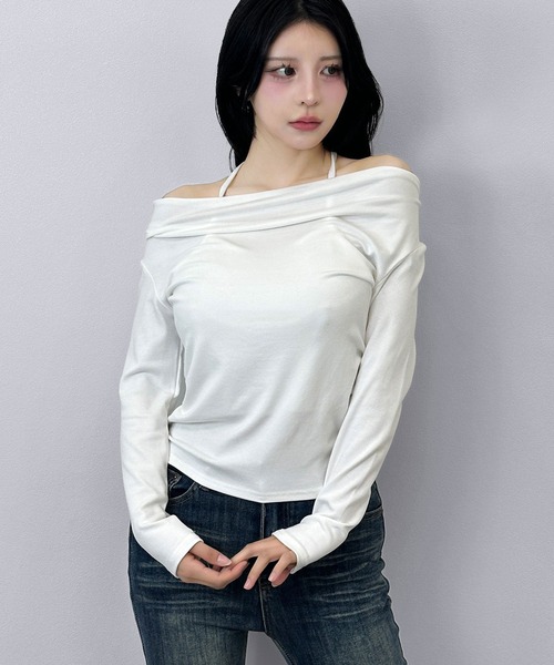 FOLLOWIN(フォロウィン)の「ドレープネック ロングスリーブトップス(Tシャツ/カットソー・レディース・ブラック/ホワイト/グレー・FREE)」の2枚目の写真