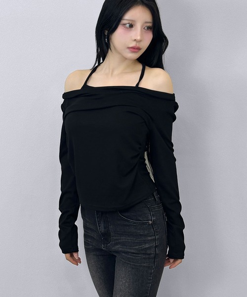 FOLLOWIN(フォロウィン)の「ドレープネック ロングスリーブトップス(Tシャツ/カットソー・レディース・ブラック/ホワイト/グレー・FREE)」の3枚目の写真