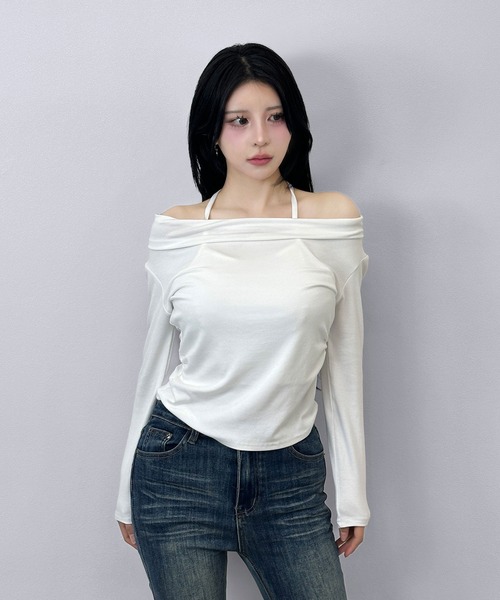 FOLLOWIN(フォロウィン)の「ドレープネック ロングスリーブトップス(Tシャツ/カットソー・レディース・ブラック/ホワイト/グレー・FREE)」の16枚目の写真