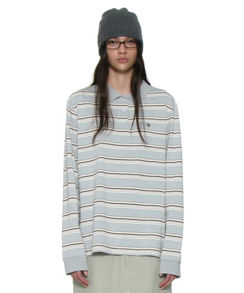 ストライプロングスリーブポロTシャツ_スカイ（ポロシャツ