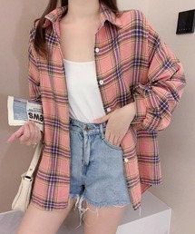 オーバーサイズチェック柄シャツ きれいめカジュアル オフィスカジュアル レディース韓国