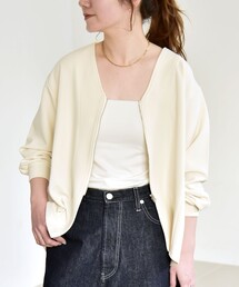 quaranciel:〈洗濯機可能〉カットジョーゼット Vネック ジップ カーディガン