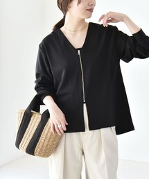 quaranciel:〈洗濯機可能〉カットジョーゼット Vネック ジップ カーディガン