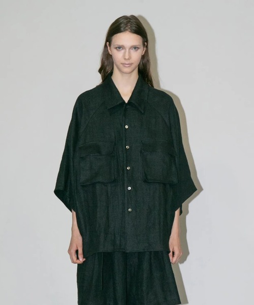 my beautiful landlet(マイビューティフルランドレット)の「【my beautiful landlet】SEMI WET LINEN SHORT SLEEVE BIG SHIRT(シャツ/ブラウス・メンズ・マルチ/ベージュ/ブラック・1/0)」の1枚目の写真