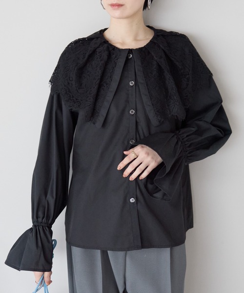 r.（アールドット）の「キャンディスリーブ　レース衿ブラウス（シャツ/ブラウス・レディース・ブラック/ホワイト・FREE）」の10枚目の写真
