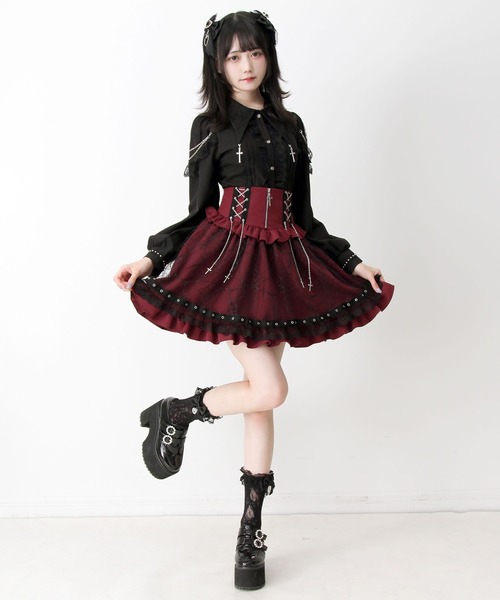 DearMyLove(ディアマイラブ)の「クロスチェーンハトメテープクモレースフリルスカート(スカート・レディース・グレー/ボルドー/ブラック・3L/LARGE/MEDIUM)」の8枚目の写真