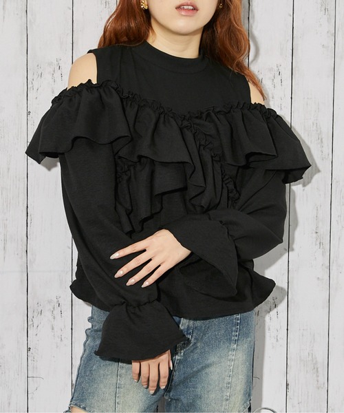 GORGE(ゴージ)の「《ドッキング柄 カタアキフリル》カットソー/ガーリー×韓国系/春秋/全3色(Tシャツ/カットソー・レディース・チェック/ストライプ/ブラック・F)」の1枚目の写真