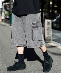 ケミカルウォッシュ オーバーダイ ワイドデニムカーゴハーフパンツ
