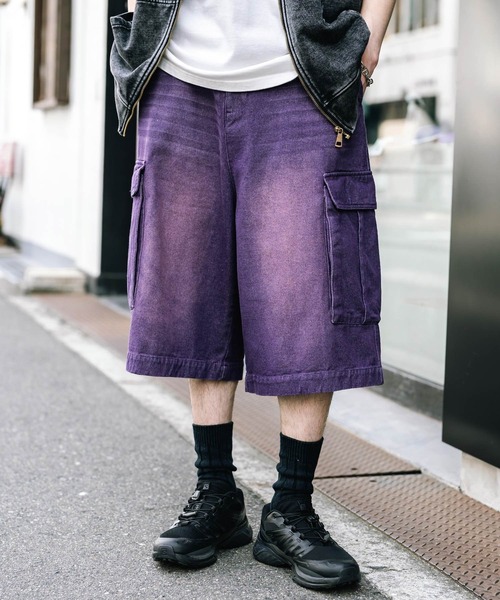 Rocky Monroe（ロッキーモンロー）の「ケミカルウォッシュ オーバーダイ ワイドデニムカーゴハーフパンツ（デニムパンツ・メンズ・ブラウン/ライトブラック/インディゴブルー/ブラック/パープル/ケミカルウォッシュ・M/L/XL）」の22枚目の写真