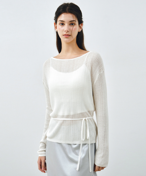 MONGDOL(モンドル)の「シースルーレースアップニットブラウスホワイトMDBL009WHITE(ニット/セーター・レディース・その他・F)」の1枚目の写真