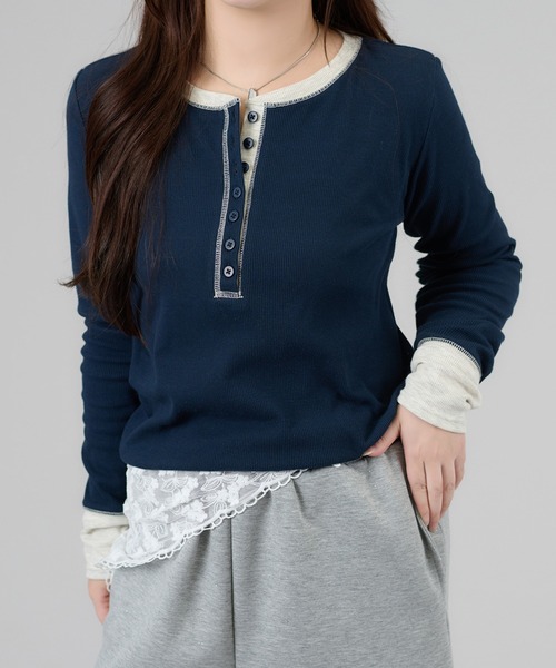 apres jour mignon(アプレジュールミニョン)の「配色ヘンリートップス(Tシャツ/カットソー・レディース・グレー/ピンク/ネイビー/ブラック・X-LARGE/フリー)」の2枚目の写真