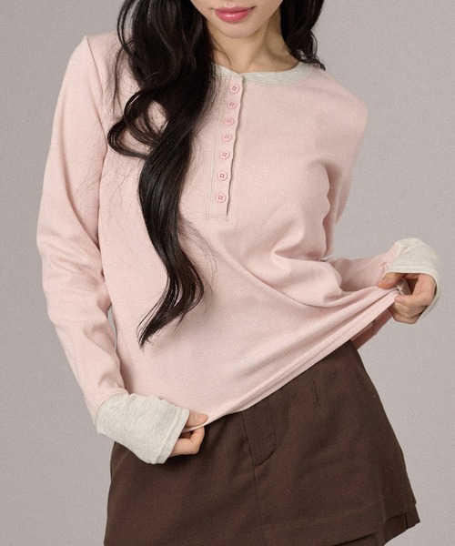apres jour mignon(アプレジュールミニョン)の「配色ヘンリートップス(Tシャツ/カットソー・レディース・グレー/ピンク/ネイビー/ブラック・X-LARGE/フリー)」の4枚目の写真