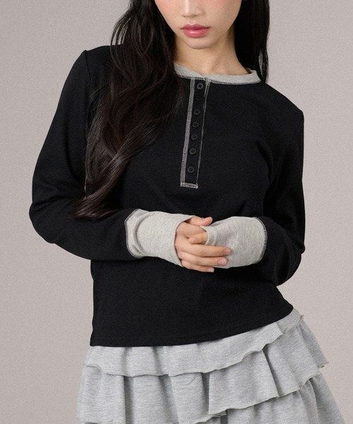 apres jour mignon(アプレジュールミニョン)の「配色ヘンリートップス(Tシャツ/カットソー・レディース・グレー/ピンク/ネイビー/ブラック・X-LARGE/フリー)」の3枚目の写真