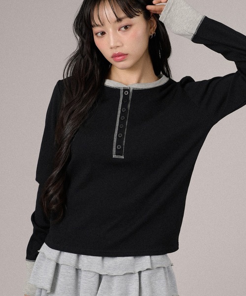 apres jour mignon(アプレジュールミニョン)の「配色ヘンリートップス(Tシャツ/カットソー・レディース・グレー/ピンク/ネイビー/ブラック・X-LARGE/フリー)」の5枚目の写真