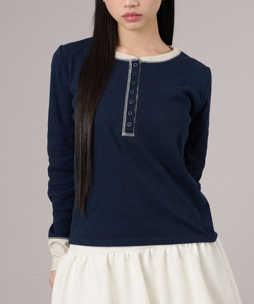 apres jour mignon(アプレジュールミニョン)の「配色ヘンリートップス(Tシャツ/カットソー・レディース・グレー/ピンク/ネイビー/ブラック・X-LARGE/フリー)」の9枚目の写真