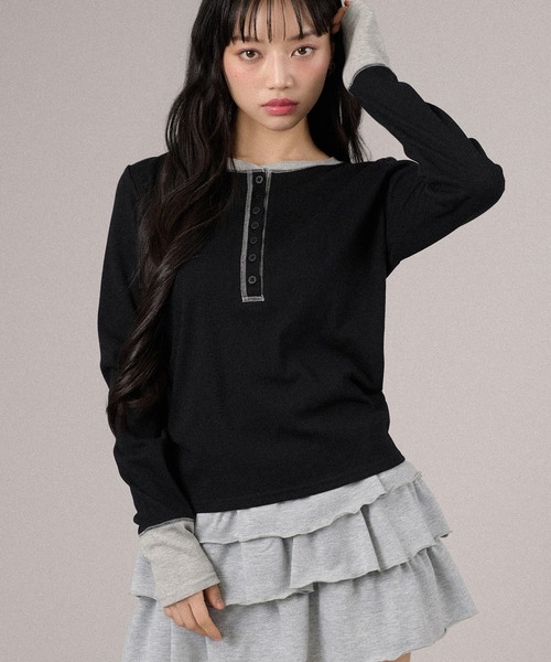 apres jour mignon(アプレジュールミニョン)の「配色ヘンリートップス(Tシャツ/カットソー・レディース・グレー/ピンク/ネイビー/ブラック・X-LARGE/フリー)」の13枚目の写真